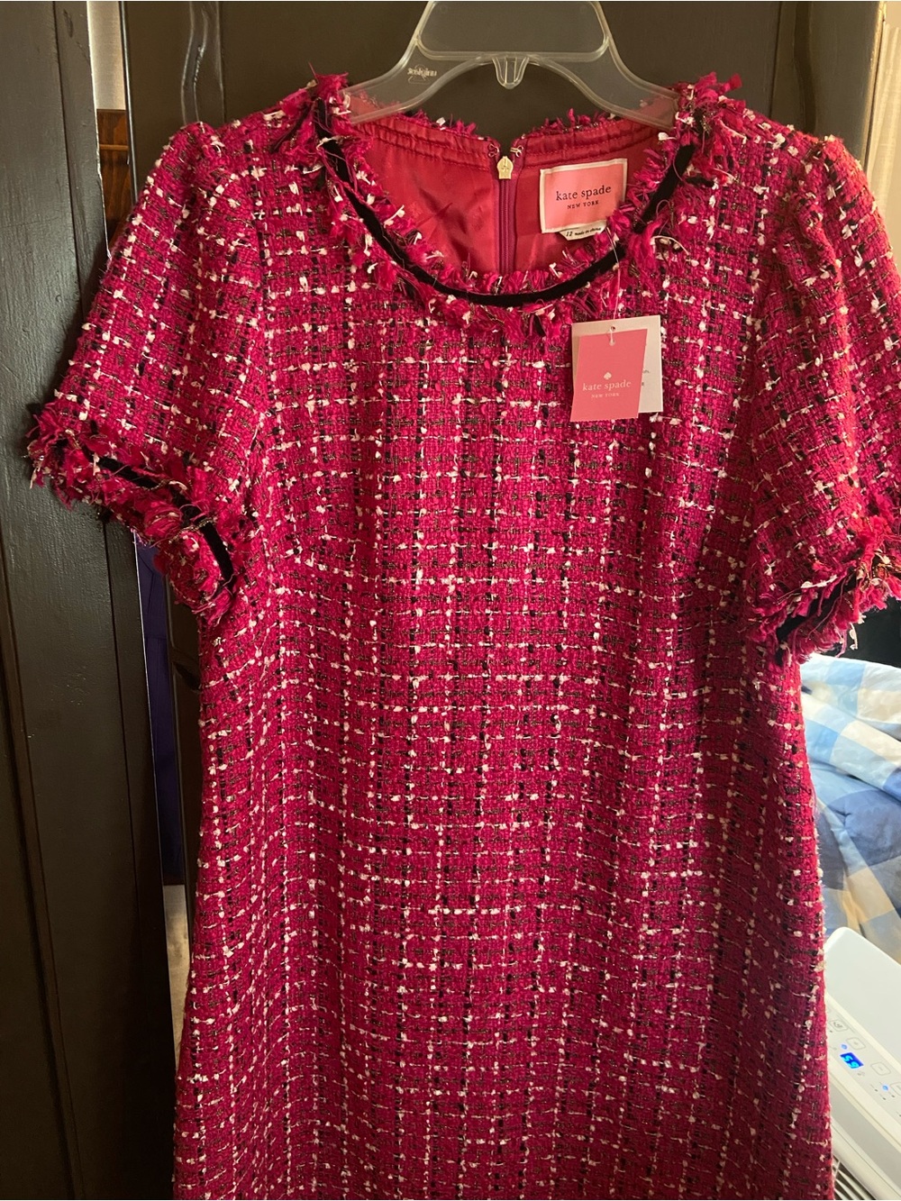Kate Spade ♠️ Raspberry Pink Tweed Shift Dress with Black Trim